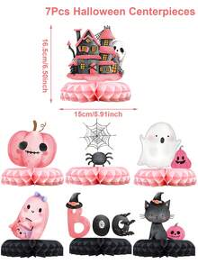 Set de 7 piezas de centro de mesa de panal con diseños adorables de Halloween como calabaza, castillo, fantasma y gato, decoraciones de papel para fiestas, decoraciones para Halloween, decoraciones de fondo para fiestas de Halloween, decoración feliz de Halloween, suministros para fiestas de Halloween, decoración para el hogar, decoración de mesa, decoración de habitación - Rosa - Ver 4