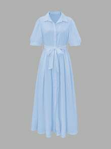 女士轻薄衬衫裙，开领纯色宽松衬衫裙，系带泡泡袖，短袖，无弹力，休闲通勤法式简约风格，优雅女士度假装，毕业季、情人节、独立日、返校礼物，女士连衣裙 - 藍色 - 查看 3