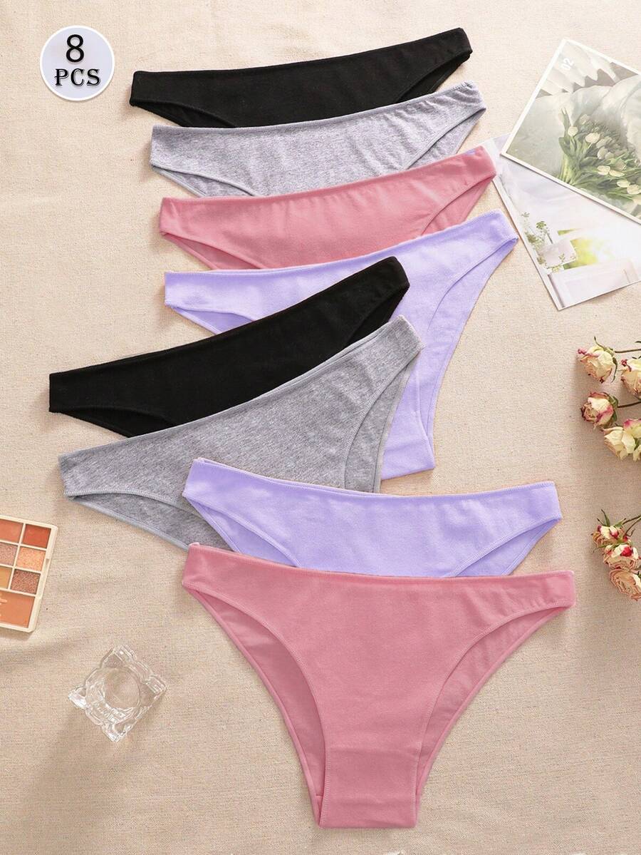 8pcs/Pack Women's Basic Soft Solid Color Bikini Briefs, Suitable For All Seasons And Sports - Multicolor - View 1