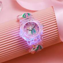 1pc 3D Cute Unicorn Printed Backlit Silicone Quartz Watch, Suitable For Campus, Birthday Gift, Halloween Gift, Back To School Season - Pink - View 2