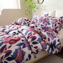 Purple Floral Duvet Cover Set Full/Queen Comforter Cover Set 90"X90"Duvet Cover With Zipper Closure And 1/2 Pillow Shams Microfiber Soft Lightweight 2/3pcs Garden Farmhouse Plant Flowers Bedding Set