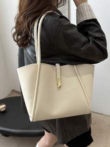 1pc Solid Color Metallic Decoration PU Leather Large Capacity Snap Button Minimalist Fashion Shoulder Tote Bag, Suitable For Women's Daily Use