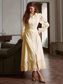 Simplee Women's Spring/Summer New Elegant Solid Color Hollow Lace Patchwork Button Decor Dress, Wedding Guest Dress, Vintage Style - Yellow - View 7