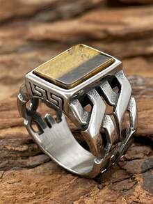 1 chiếc nhẫn unisex thời trang bằng đá mắt hổ tự nhiên và mã não đen, cỡ US. - nhẫn - Xem 8