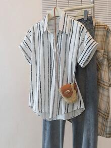 YUXIN Áo sơ mi nữ tay ngắn cổ bẻ kẻ sọc dáng rộng chất lượng cao mùa hè màu trắng - trắng - Xem 10