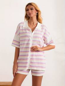 Conjunto de pijama de 2 piezas para mujer, ropa de estar por casa, trajes de rayas con botones de color en contraste, tops y pantalones cortos de punto de crochet, conjuntos de estar por casa - Morado - Ver 6