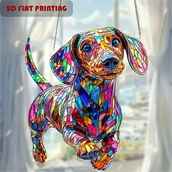 1pc 8" X 6.7" Acrylic Dachshund Decor Suncatcher - 8" X 6.7" Acrylic Colorful Plastic Window Hanging Decoration, Animal Themed Wall Art, Home Decor For Bedroom, Kitchen, Outdoor Garden, Housewarming Gift For Dog Lovers