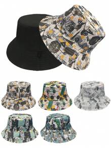1pc Reversible Graffiti Print Street Style Bucket Hat, Polyester Fabric, Windproof & Decorative, Unisex, Suitable For Spring, Summer, Autumn