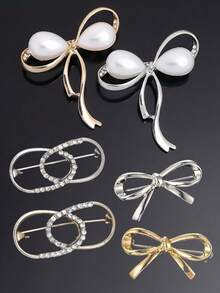 1/2/3/4/6件套女士时尚优雅珍珠蝴蝶结椭圆形水钻防曝光胸针，多功能毛衣西装外套别针，腰领固定夹，别致翻领花朵配饰 - 彩色 - 查看 1