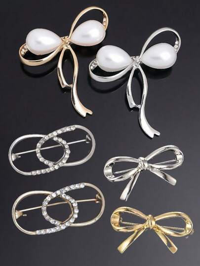 1/2/3/4/6pcs Set Women Fashion Elegant Pearl Bow Oval Rhinestone Anti-Exposure Brooch, Versatile Sweater Suit Jacket Pins, Waist Collar Fixing Clips, Chic Lapel Flower Accessories