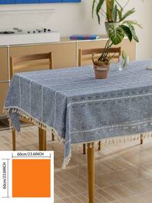 1pc Scandinavian Style Blue Lattice Hollow-Out Tablecloth, Rectangle Striped Embroidered Tassel Multifunctional Cover Cloth, Suitable For Festival, Party, Birthday, Dinner, Home, Dorm Decor