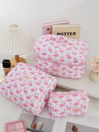 1Pc Pink Flamingos Quilting Makeup Bag . Multifunctiona Cosmetic Bag Bathroom Wash Bag,Jewelry Storage Bag,Perfume Skincare Storage Bag,Brush Bag,Sanitary Napkin Bag,Headphone Bag,Coin Purse,Glasses Bag,Suitable For Home,Travel, School, And Work.Suitable For Women,And Students.Holiday Gifts Birthday Gifts Christmas Gifts Mom's Gift Souvenir Beige