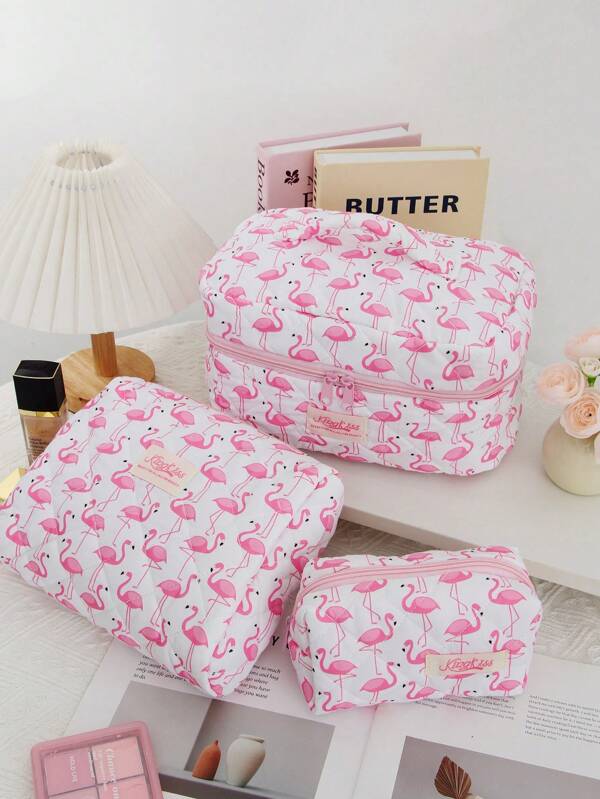 1 stuk roze flamingo's quilt make-uptas. Multifunctionele cosmetische tas, badkamertas, sieraden opbergtas, parfum huidverzorgingstas, borsteltas, maandverband tas, koptelefoon tas, portemonnee, brillen tas, geschikt voor thuis, reizen, school en werk. Geschikt voor vrouwen en studenten. Vakantiecadeaus, verjaardagscadeaus, kerstcadeaus, cadeau voor moeder, souvenirs. Beige reisbenodigdheden, vakantie, zomervakantie, terug naar school, schoolspullen, tas voor school, reistas voor vrouwen, make-up tas voor op reis.