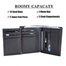 CAIBAOLAI 1个复古风格真皮男士竖款钱包 - 超薄短款，可装身份证和多张信用卡 - 耐用经典设计，方便携带，男士钱包，迷你钱包，小钱包，男士真皮钱包 - 黑色 - 查看 7