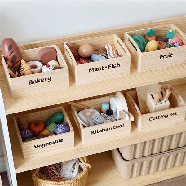 Montessori Children's Early Education Wooden Realistic Kitchen 6-Piece Set - Includes Wooden Realistic Fruits, Vegetables, Bread, Fresh Produce, Kitchenware, Knives. Kitchen Toy Set With Wooden Box, Cutting Board, Pots And Pans, Knives. Suitable For 3-6 Year Old Boys And Girls. Can Be Given As Birthday, Children's Day, New Year, Christmas Gift To Cultivate Children's Imagination And Social Skills.
