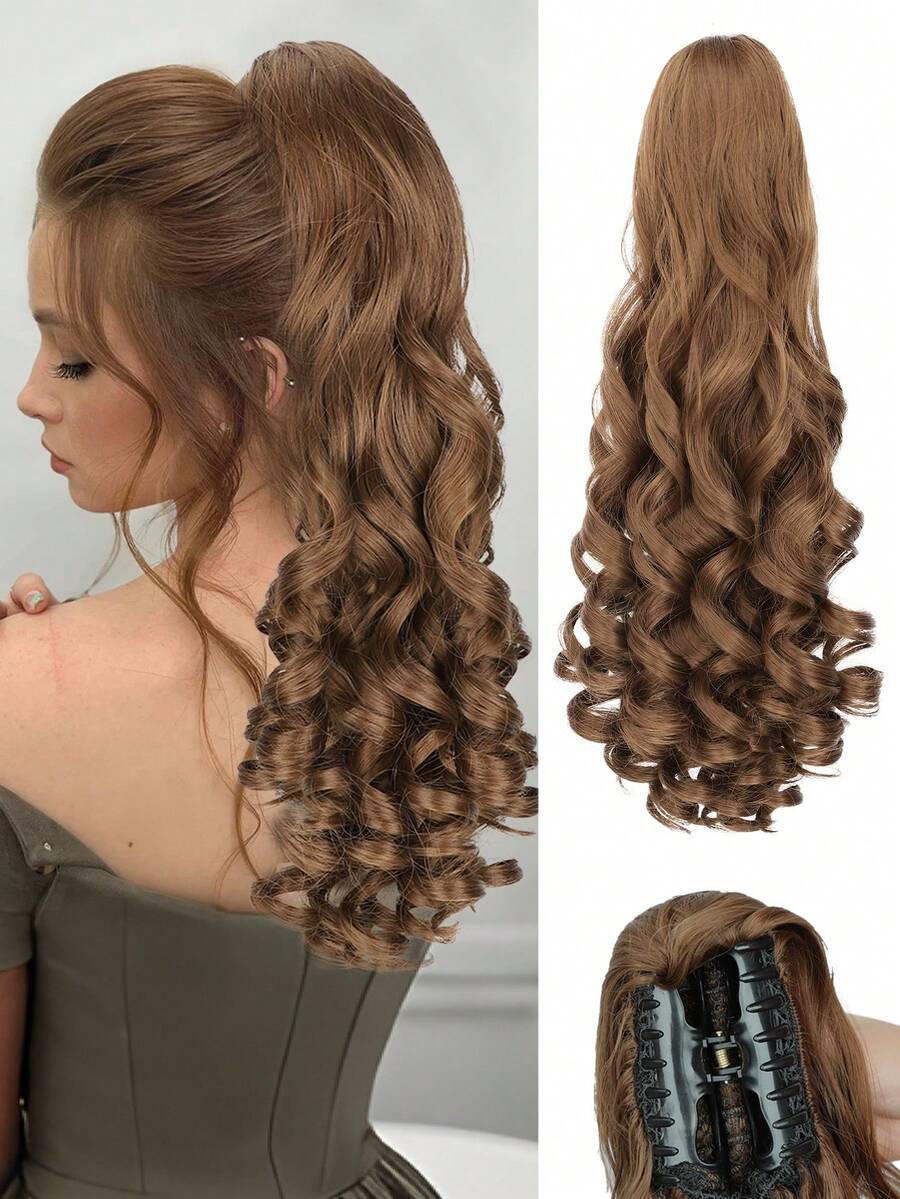 Extensión de coleta, elegante extensión de coleta ondulada y rizada de 20 pulgadas multicolor con clip para mujeres - resistente al calor sintético, totalmente hecho a máquina, perfecto para uso diario y fiestas (marrón claro) - Light Brown - Ver 1