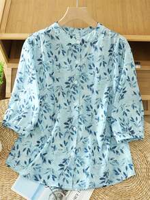 Women's Summer Blue Ditsy Floral Standing Collar Loose Casual Blouse Top