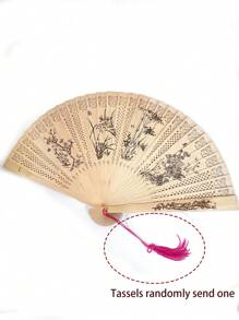 1pc Sandalwood Hollow Wooden Fan Wooden Fan Color Sandalwood Wooden Fan Hollow Folding Fan Printed Wooden Handicraft Fan Imitation Sandalwood Fan, Ideal Choice For Gifts