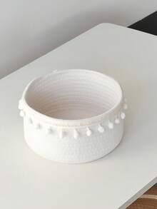 1 件现代手工编织圆球流苏篮，日式白色收纳篮，用于桌面杂物、零食、玩具和钥匙整理 - 白色 - 查看 16