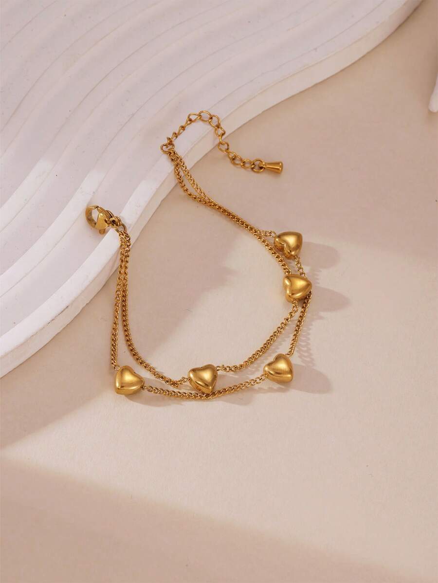 MESTILO 1 pieza Brazalete minimalista de acero inoxidable 18K con doble capa en forma de corazón, adecuado para el uso diario de las mujeres