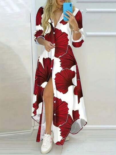 Women's Elegant Floral Print Long Sleeve Button Down Shirt Dress, Fashionable Boho Full Body Printed V-Neck Slit Maxi Dress, Polyester Blend Washable For Spring/Summer/Fall