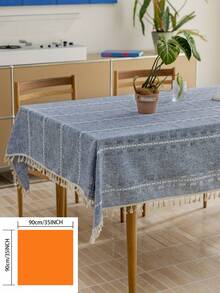 1pc Scandinavian Style Blue Lattice Hollow-Out Tablecloth, Rectangle Striped Embroidered Tassel Multifunctional Cover Cloth, Suitable For Festival, Party, Birthday, Dinner, Home, Dorm Decor