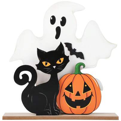 1 pezzo Decorazione piatta 2D per Ognissanti - Fantasma in legno e cartello da tavolo nero, a tema zucca e gatto, Buon Ognissanti, adatto per scrivani