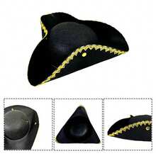 Black Pirate Hat Deluxe Colonial Tricorn Hat Vintage Party Cap With Gold Trimming For Adults - Multicolor - View 4