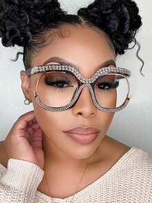 1pc Oversized Round Fashionable Glasses With Diamond Studded Half Frame, Personalized Multifunctional Glasses Frame, Transparent Glasses, Shiny Accessories - 無色 - 查看 3