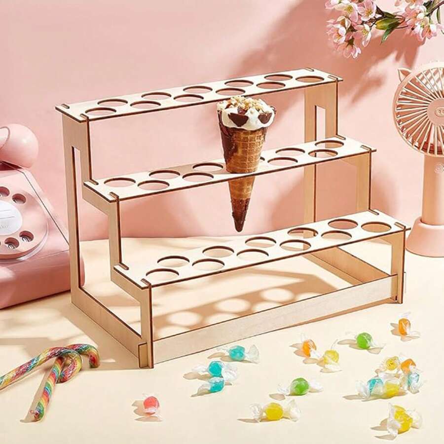 三层纸杯蛋糕架，婚礼派对装饰用品，小吃托盘，冰淇淋蛋筒，木制储物架，蛋筒展示架，手卷寿司架，适用于生日派对，圣诞派对，感恩节派对，万圣节狂欢派对，婚礼派对，单身派对等，万圣节礼物