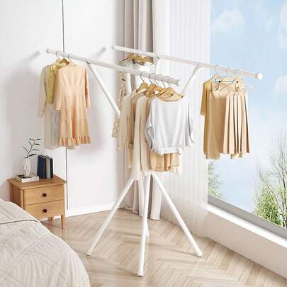 Foldable Collapsible Clothes Drying Rack With Double Rod Adjustable, Suitable For Indoor/Outdoor, Dormitory, Balcony To Hang Clothes, Blankets And Bedding, Space-Saving Dryer Rack, No Drill Installation, Portable Drying Rack, Minimalistic Design