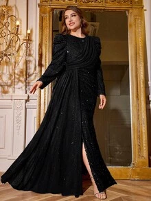 Elisanya Vestido de mujer talla grande con escote en V, lentejuelas y flecos, mangas de obispo, abertura fruncida, vestido de noche elegante,Party vestido, formal, invitado de boda, ropa de otoño para mujer - Negro - Ver 4