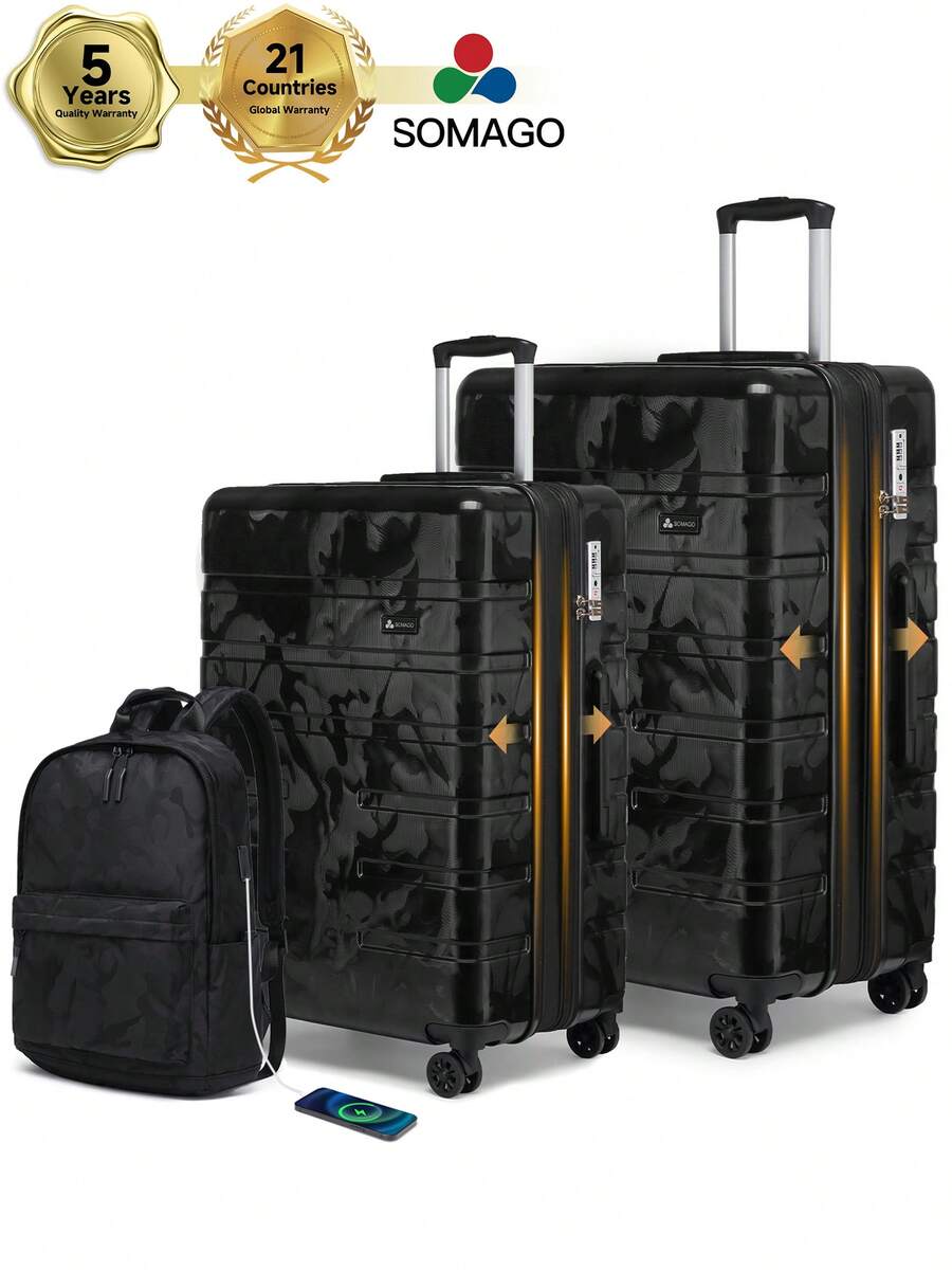 SOMAGO Expandable 2 Piece Luggage Sets  With Water Resistant Backpack, Camouflage Pattern Scratch-Resistant 24/28 Inch Hardside Lightweight Large Suitcases With Brakeable And Shock-Absorbing Spinner Wheels, 100% New RPO Material Checked Suitcase With TSA Lock YKK Zippers - màu đen - Xem 1