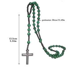 1pc Fashion Retro Style Jewelry, Natural Stone Round Beads Malachite Hematite Cross Religious Rosary Beads Men's Long For Daily Wear - Green - View 5