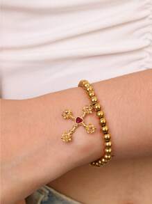 1pc Custom Birthstone Bracelet, Gold Cross Pendant Bracelet For Women, Suitable As Birthday Gift, Graduation Gift, Friendship Token, Thanksgiving Gift, Anniversary Gift