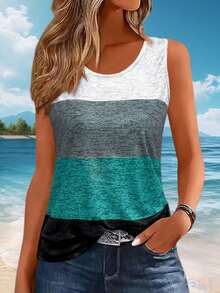 撞色背心，女士无袖T恤，休闲宽松背心，夏季基础款上衣，沙滩度假吊带衫，圆领背心，百搭日常穿搭，上衣，飘逸无袖T恤，夏季休闲背心 - 彩色 - 查看 7