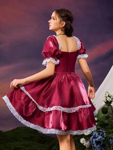 Faeriesty 优雅的方形领口泡泡袖 A 字连衣裙 | 蕾丝边春夏飘逸套装，适合花园派对、婚礼、早午餐和正式活动