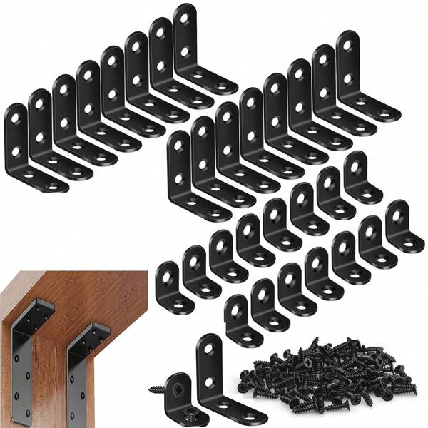 QileQPet 32 peças de suportes em L para prateleiras, 2 tamanhos de suportes de canto em ângulo, suporte em L de metal resistente para madeira, resistente e à prova de ferrugem para consertar móveis com 100 peças de parafusos, suporte de montagem fácil, preto