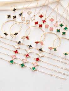 6 Pcs Clover Earring Necklace Bracelet Bangle Ring Jewelry Set For Women