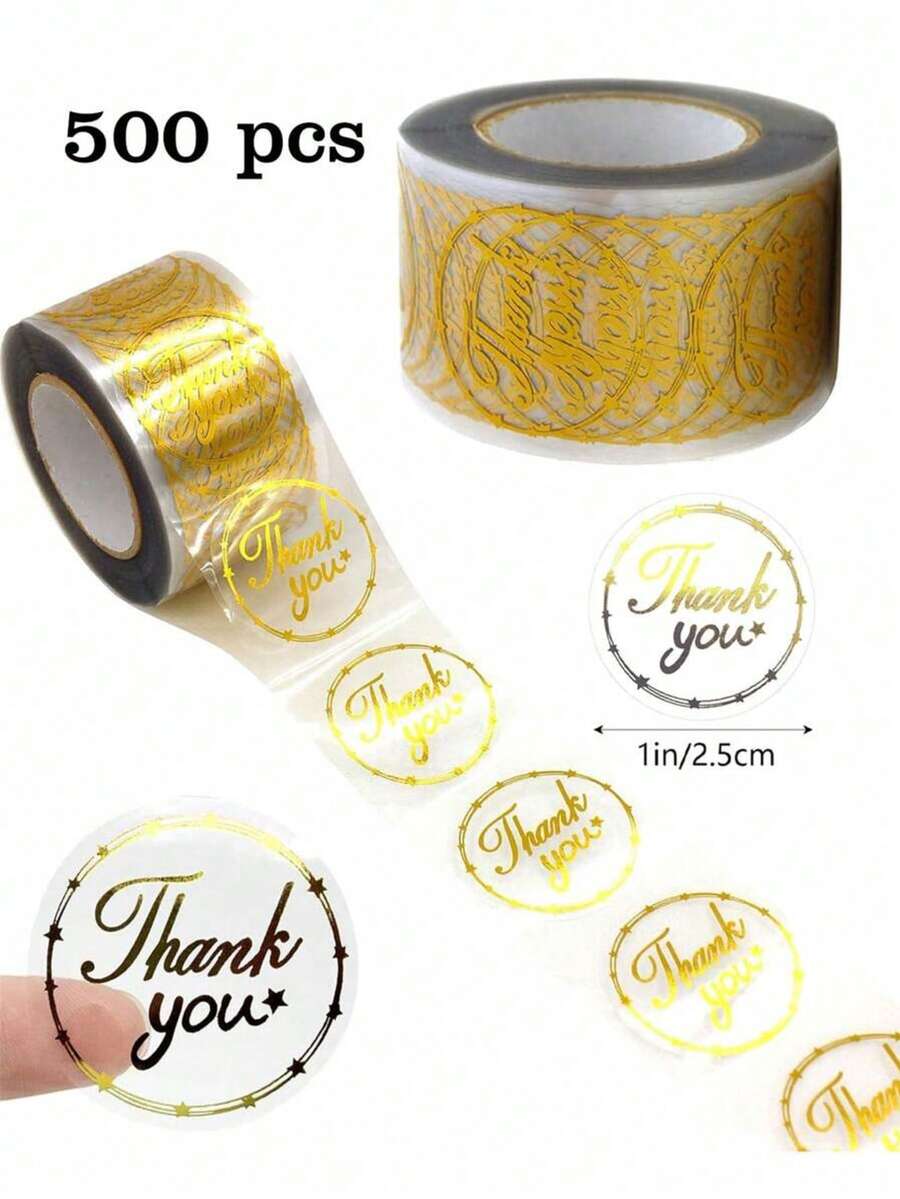 500pcs/Roll Transparent Foil "Thank You" Sticker Roll, 1inch Round Transparent Gift Card, Wedding/Holiday Gift Envelope Card DIY Decorations, Shiny Seal PVC Sticker Labels - Multicolor - View 1