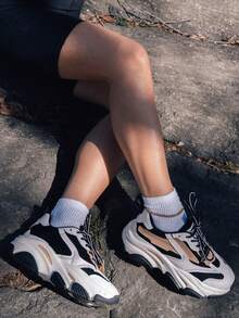 Women's Breathable Flat Sneakers Fashion Chunky Lace-Up Casual Comfortable Platform Sneakers Workout Sport Running Walking Tennis Shoes - 黑與白 - 查看 10