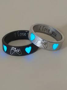 ATLVXJL 2 pièces/lot Ensemble d'anneaux en forme de cœur en acier inoxydable phosphorescent, style couple/amis, bijoux casual pour le port quotidien et cadeaux romantiques