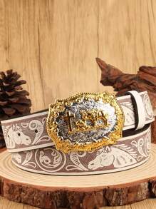 Geprägter westlicher Stil Kreuz- und Pferde-Formung mit goldenem Rand, Silberbasis Legierungs-Schnalle, unisex Gürtel, modisch & geeignet für Feiertagspartys