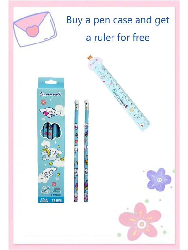 Sanrio 1 pièce Mignon personnage d'anime Sanrio Hello chat noir et belle Melody Yugui chien instrument de musique, règle d'école et de bureau d'anime, boîte à stylo et règle cadeau pour étudiant, chaque boîte contient 12 pièces, cadeaux de rentrée scolaire