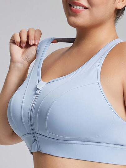 Sujetador deportivo de gran soporte para tallas grandes - Cómodo, con absorción de impactos, elástico, cuello redondo, unicolor, detalle de cremallera, tejido de punto, adecuado para actividades físicas en interiores y exteriores