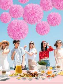 12pcs Valentine's Day Party Decoration Paper Flower Balls, Pink Paper Flower Balls, Birthday Party Backdrop Decor Pom Poms, Suitable For Valentine's Day, Birthday, Festival Decor, Anniversary, Wedding Decoration