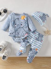 Crown Elephant Baby Four-Piece Set: Cartoon Print Jumpsuit + Striped Pants + Matching Hat And Socks - Fresh And Cute Outfit - 灰色 - 查看 1