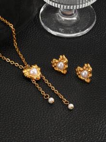 3 Stücke Vintage 18 Karat Vergoldet Edelstahl Herz & Perlen Schmuckset - Halskette & Ohrringe, elegantes Charm Geschenk für Frauen, modisch & einzigartig