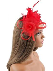 Fascinators Hats Women,Tea Party Fascinator Hair Clip With Feathers Wedding,Derby Hats Headbands - 紅色 - 查看 8