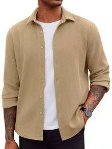 Men's Overshirt Shacket Jacket Mens Textured Button Down Long Sleeve Shirts Fashion Jacket - Màu xanh Ô liu - Xem 4